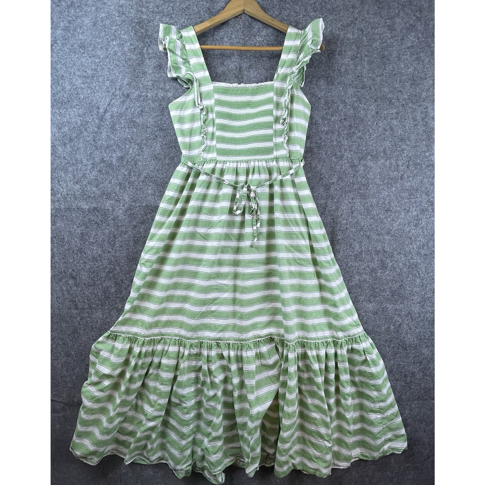 Ann Taylor Dress 2 Green White Ruffle Tie Waist Smocked Summery Cottage‎ Farm